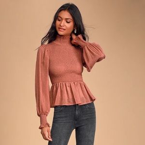 LULUS NWT Frills and Thrills Mauve Pink Smocked Long Sleeve Top Size XS